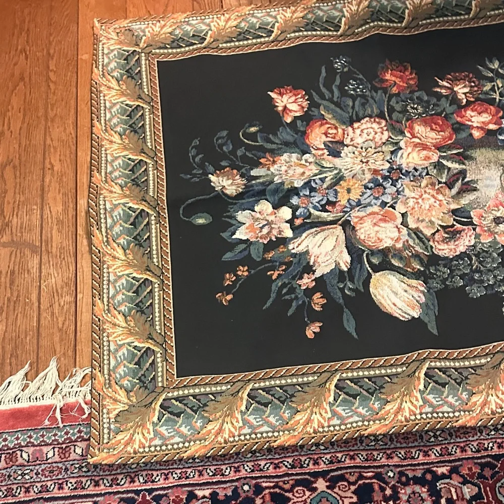Vintage Floral Tapestry Wall Hanging in Black and Multicolor
